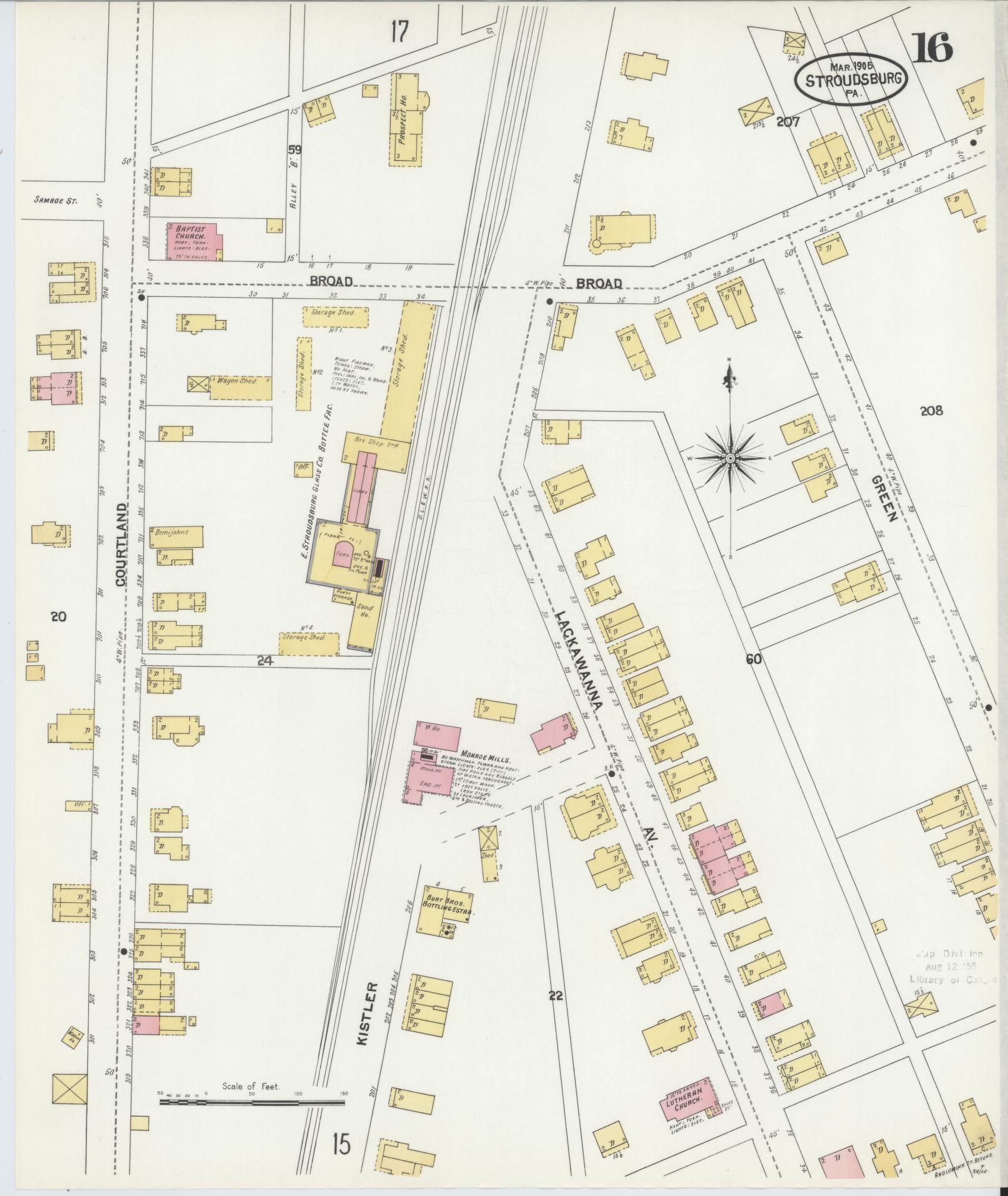 Sanborn Fire Insurance Map from Stroudsburg, Monroe County, Pennsylvania (1905), Sheet #0016 - Historic Sanborn Fire Insurance Map Print, vintage old map wall art, antique decor, genealogy gift, Pennsylvania Pennsylvania map