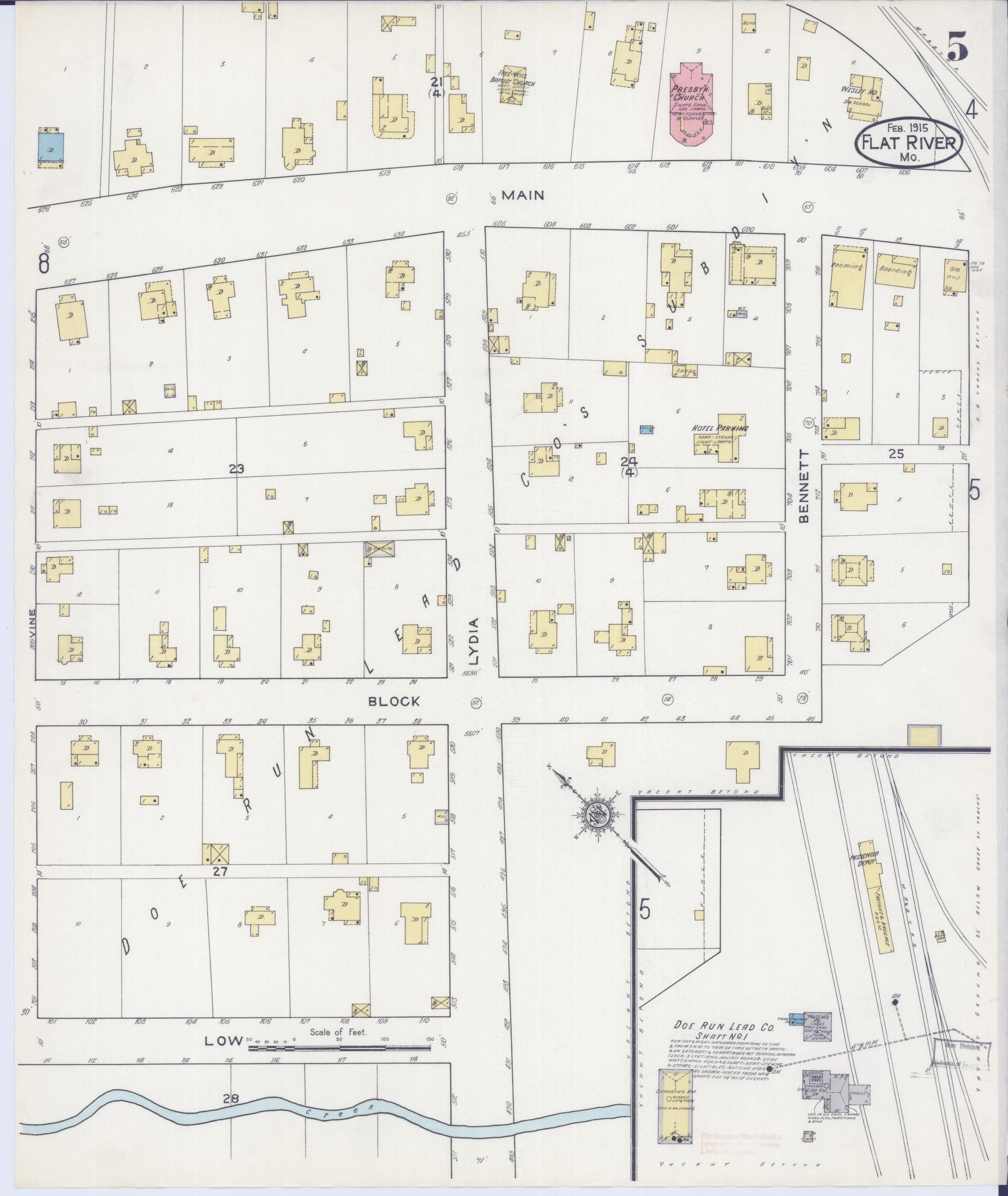 Sanborn Fire Insurance Map from Flat River, Saint Francois County, Missouri (1915), Sheet #0005 - Historic Sanborn Fire Insurance Map Print, vintage old map wall art, antique decor, genealogy gift, Missouri Missouri map