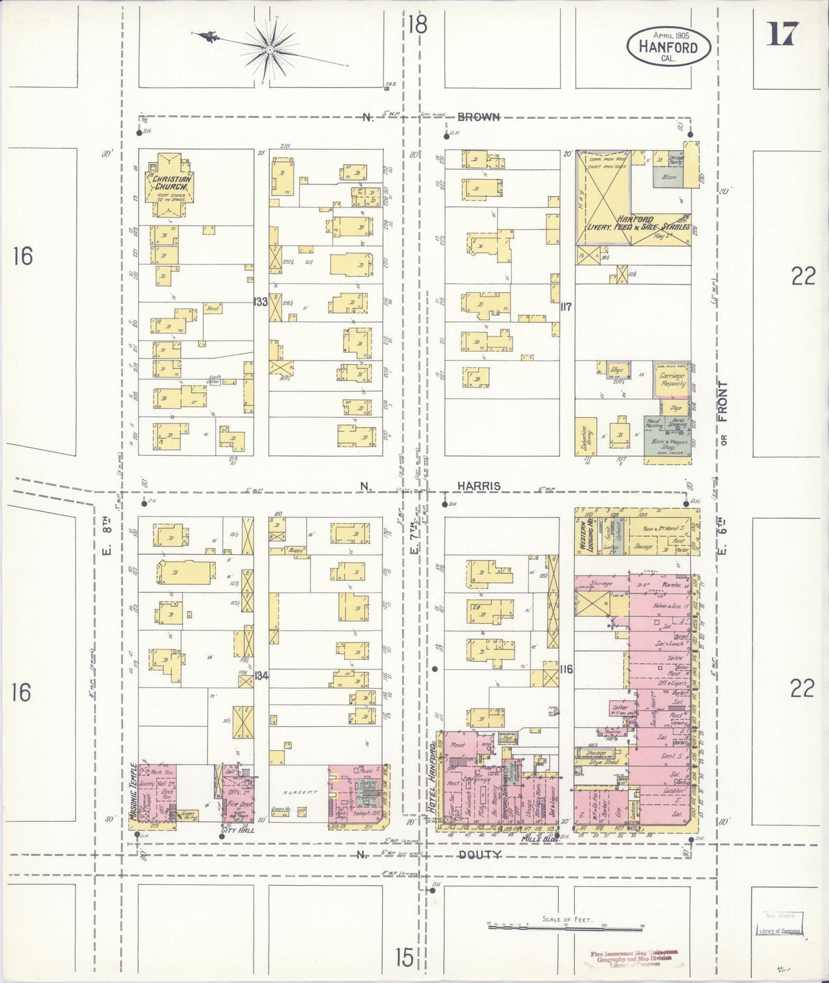 Sanborn Fire Insurance Map from Hanford, Kings County, California (1905), Sheet #0017 - Complete Map Set gallery image, historic Sanborn map, vintage wall art, California California