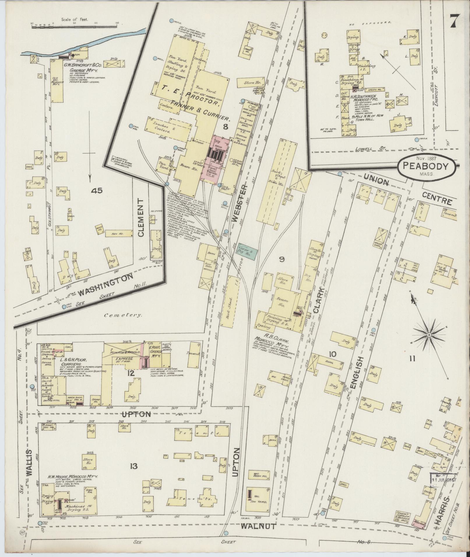 Sanborn Fire Insurance Map from Peabody, Essex County, Massachusetts (1887), Sheet #0007 - Historic Sanborn Fire Insurance Map Print, vintage old map wall art, antique decor, genealogy gift, Massachusetts Massachusetts map