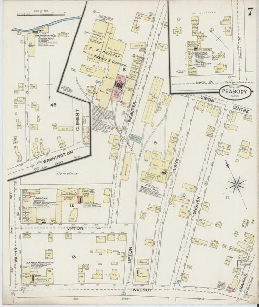 Sanborn Fire Insurance Map from Peabody, Essex County, Massachusetts (1887), Sheet #0007 - Historic Sanborn Fire Insurance Map Print, vintage old map wall art, antique decor, genealogy gift, Massachusetts Massachusetts map