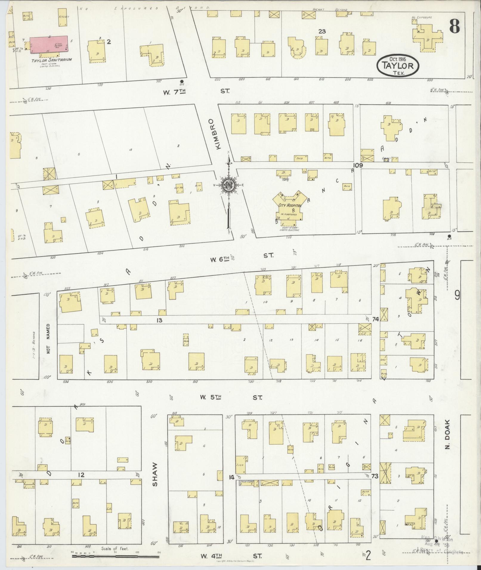 Sanborn Fire Insurance Map from Taylor, Williamson County, Texas (1916), Sheet #0008 - Complete Map Set gallery image, historic Sanborn map, vintage wall art, Texas Texas