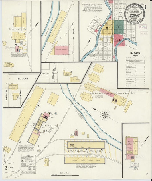 Sanborn Fire Insurance Map from Bunkie, Avoyelles Parish, Louisiana (1909), Sheet #0001 - Historic Sanborn Fire Insurance Map Print, vintage old map wall art, antique decor, genealogy gift, Louisiana Louisiana map