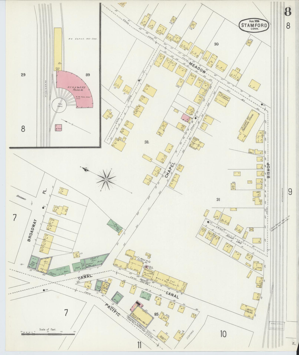 Sanborn Fire Insurance Map from Stamford, Fairfield County, Connecticut (1896), Sheet #0008 - Complete Map Set gallery image, historic Sanborn map, vintage wall art, Connecticut Connecticut