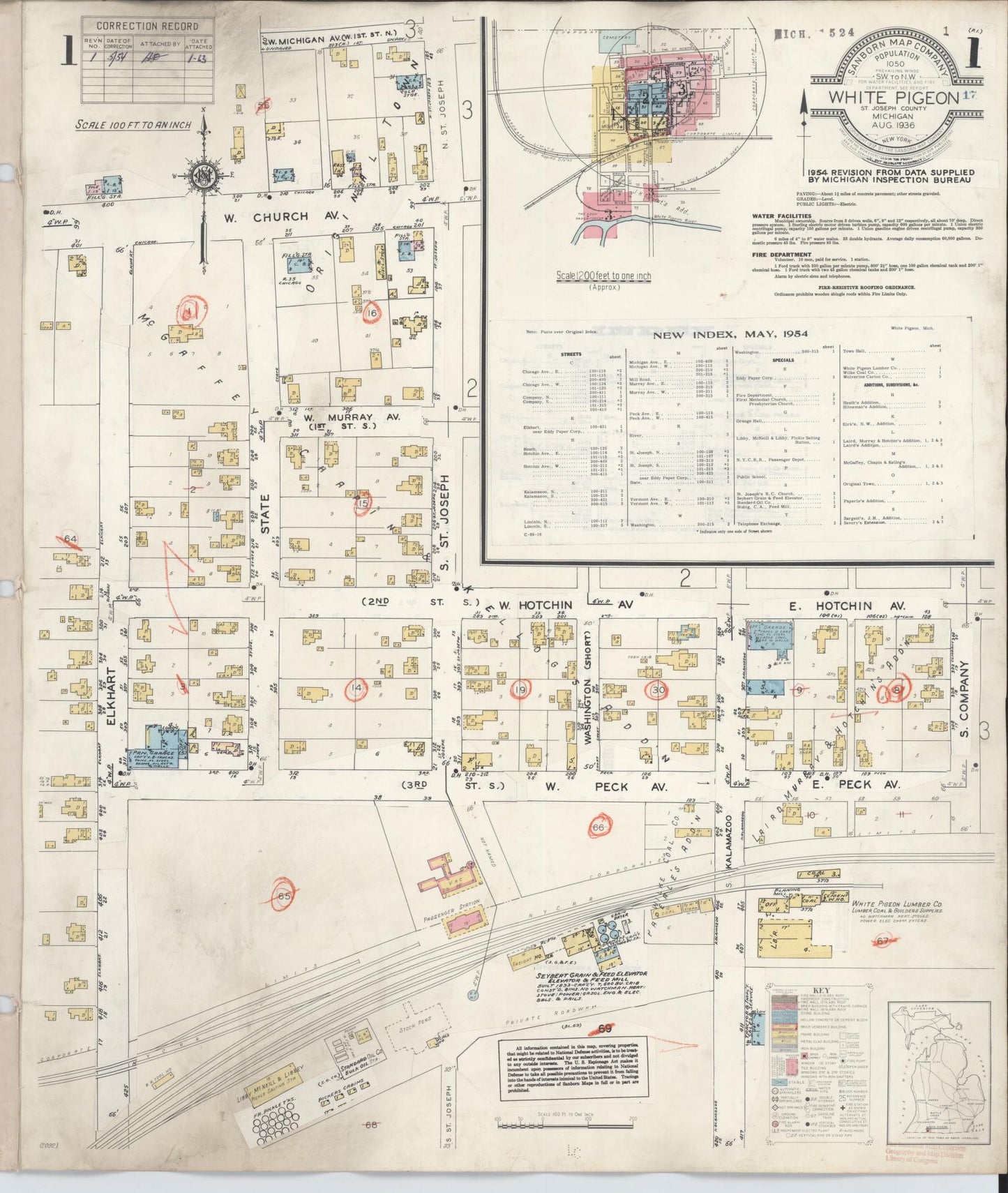 Sanborn Fire Insurance Map from White Pigeon, Saint Joseph County, Michigan (1954), Sheet #0001 - Historic Sanborn Fire Insurance Map Print, vintage old map wall art, antique decor, genealogy gift, Michigan Michigan map