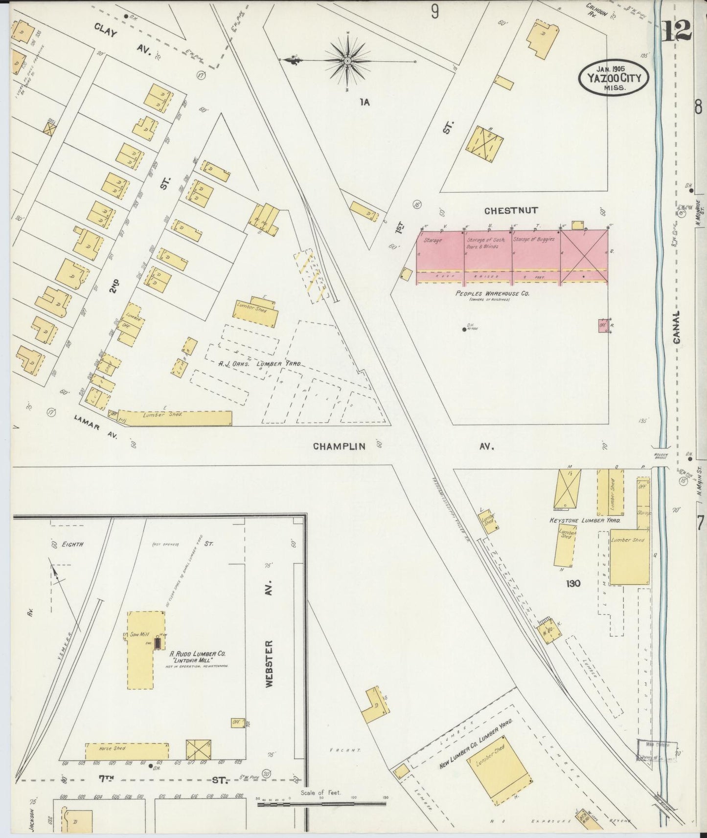 Sanborn Fire Insurance Map from Yazoo City, Yazoo County, Mississippi (1905), Sheet #0012 - Complete Map Set gallery image, historic Sanborn map, vintage wall art, Mississippi Mississippi