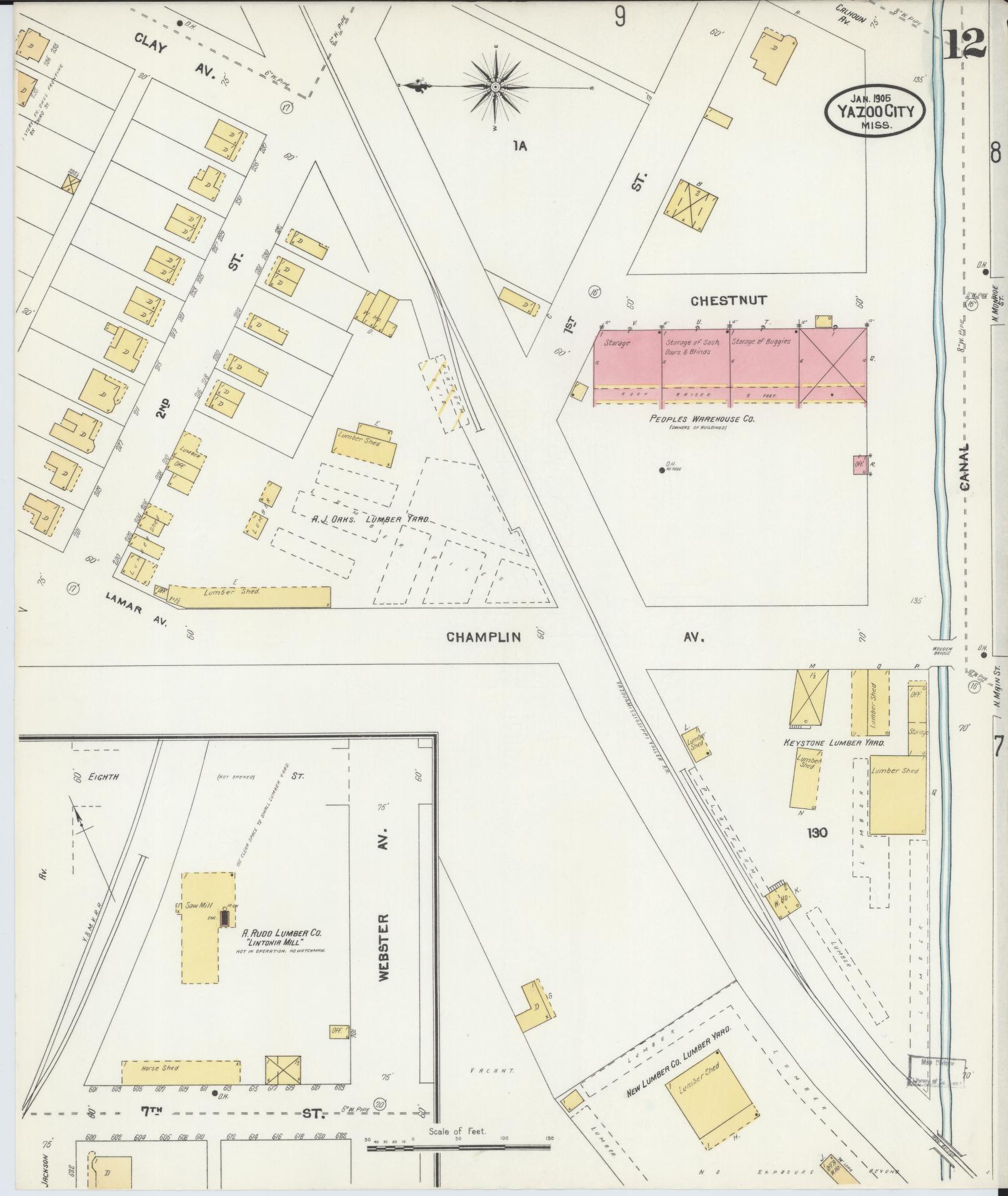 Sanborn Fire Insurance Map from Yazoo City, Yazoo County, Mississippi (1905), Sheet #0012 - Complete Map Set gallery image, historic Sanborn map, vintage wall art, Mississippi Mississippi
