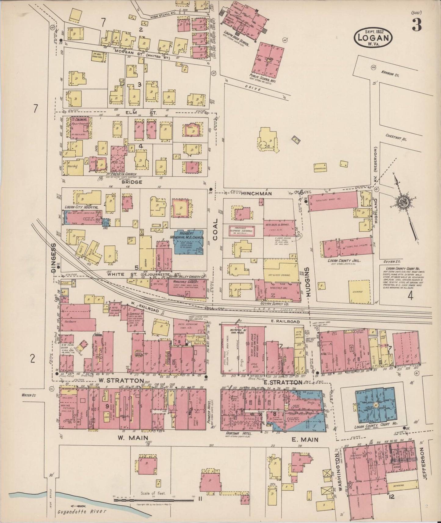 Sanborn Fire Insurance Map from Logan, Logan County, West Virginia (1922), Sheet #0003 - Historic Sanborn Fire Insurance Map Print, vintage old map wall art, antique decor, genealogy gift, West Virginia West Virginia map