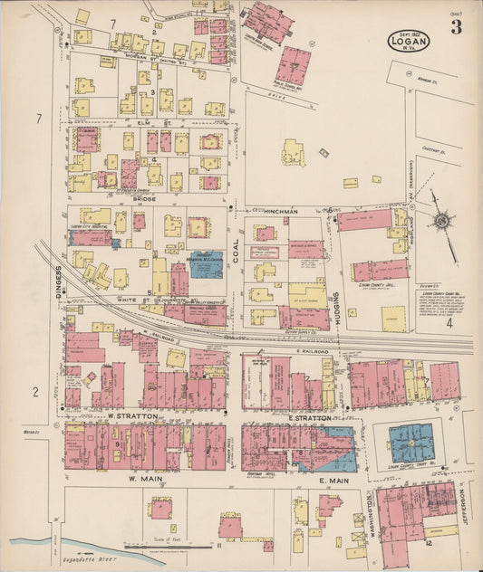 Sanborn Fire Insurance Map from Logan, Logan County, West Virginia (1922), Sheet #0003 - Historic Sanborn Fire Insurance Map Print, vintage old map wall art, antique decor, genealogy gift, West Virginia West Virginia map