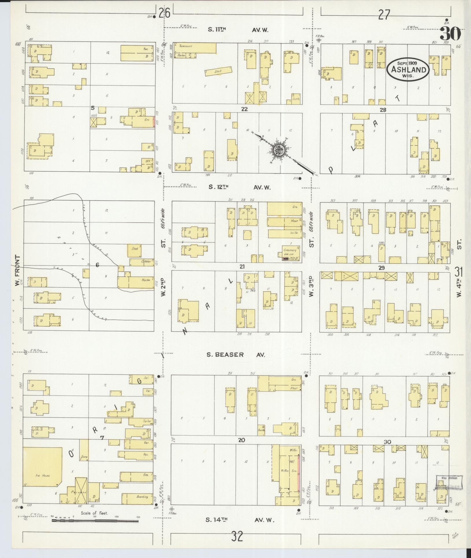 Sanborn Fire Insurance Map from Ashland, Ashland County, Wisconsin (1909), Sheet #0030 - Historic Sanborn Fire Insurance Map Print, vintage old map wall art, antique decor, genealogy gift, Wisconsin Wisconsin map