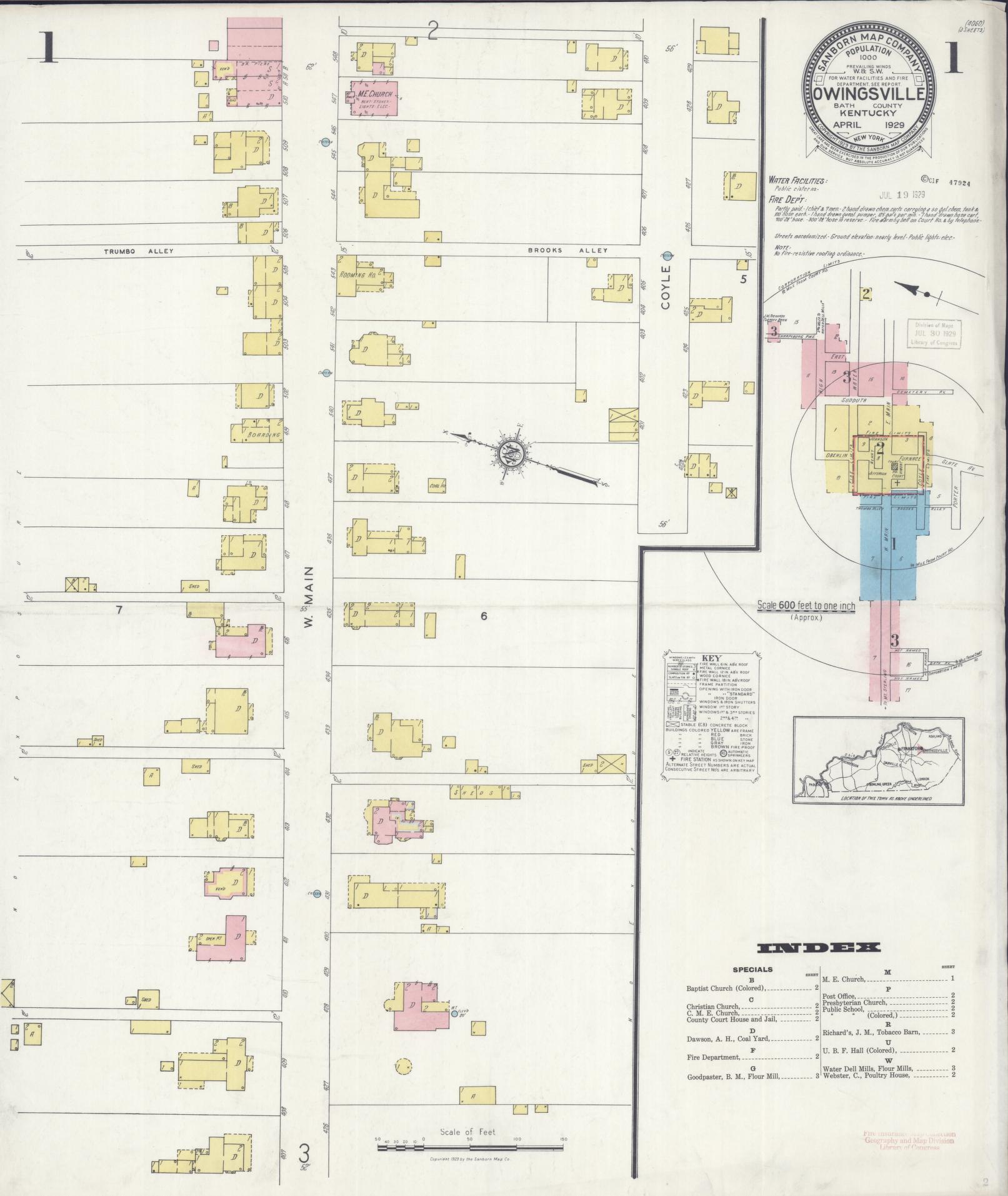 Sanborn Fire Insurance Map from Owingsville, Bath County, Kentucky (1929), Sheet #0001 - Historic Sanborn Fire Insurance Map Print, vintage old map wall art, antique decor, genealogy gift, Kentucky Kentucky map