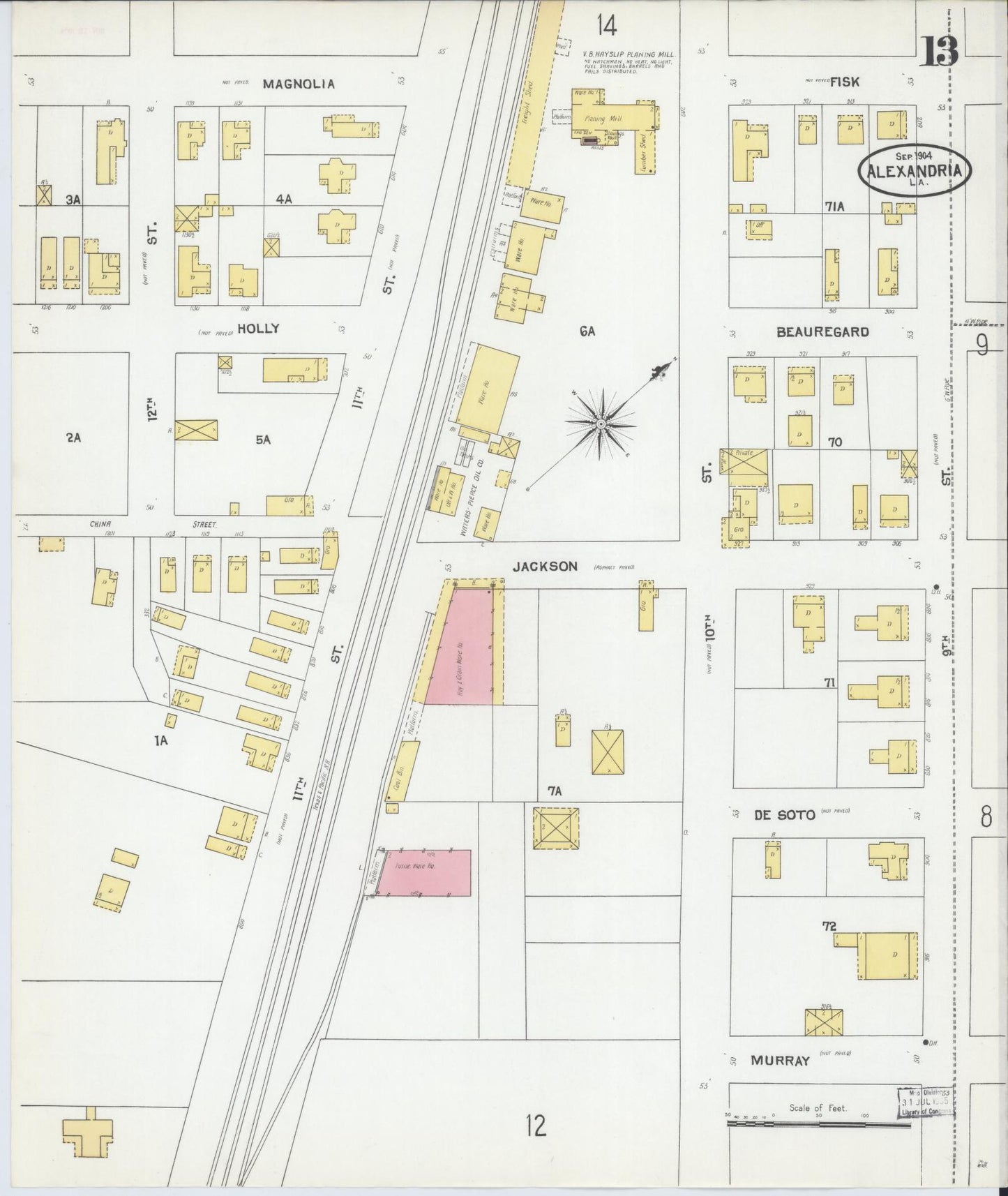 Sanborn Fire Insurance Map from Alexandria, Rapides Parish, Louisiana (1904), Sheet #0013 - Complete Map Set gallery image, historic Sanborn map, vintage wall art, Louisiana Louisiana