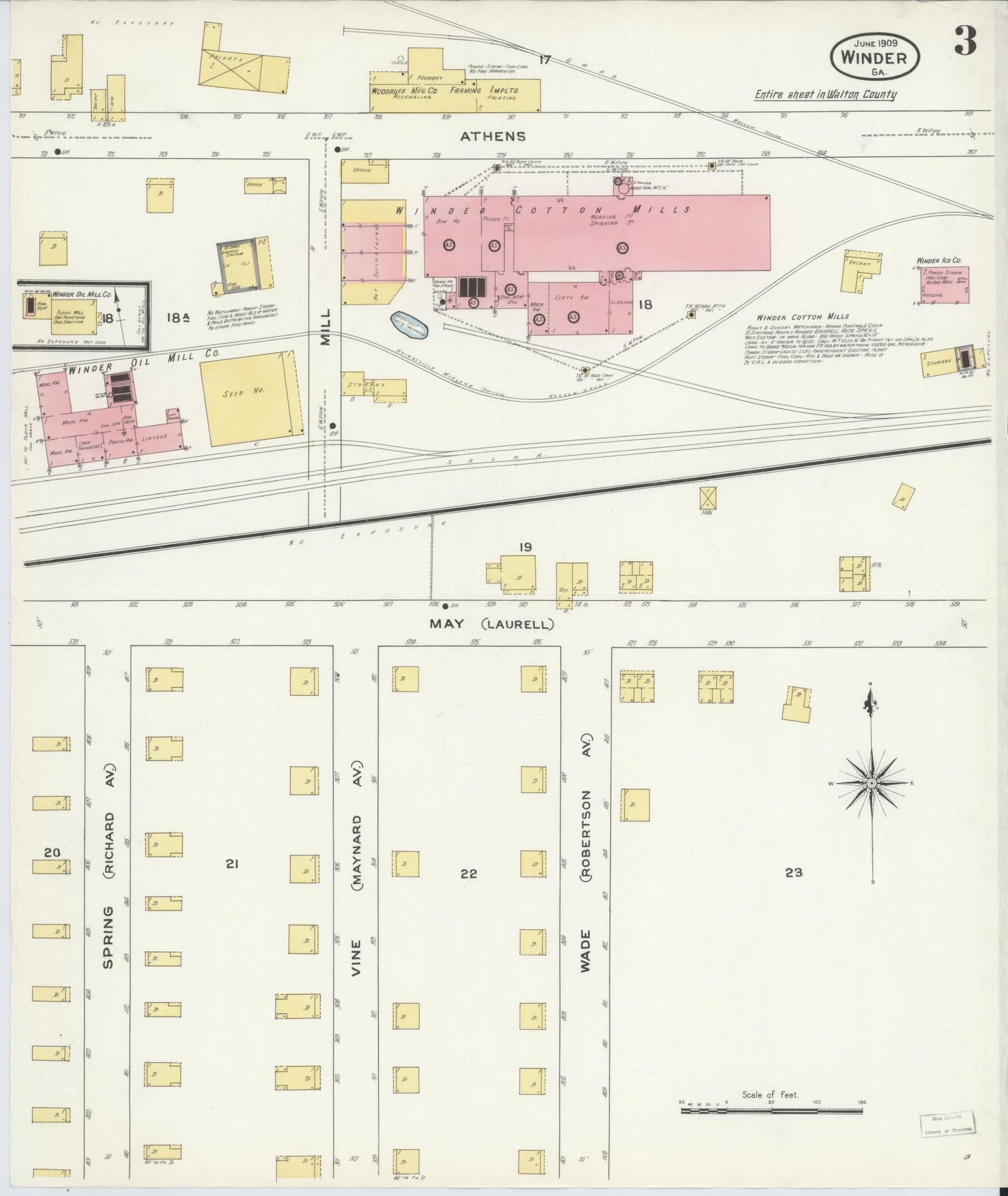 Sanborn Fire Insurance Map from Winder, Barrow County, Georgia (1909), Sheet #0003 - Historic Sanborn Fire Insurance Map Print, vintage old map wall art, antique decor, genealogy gift, Georgia Georgia map