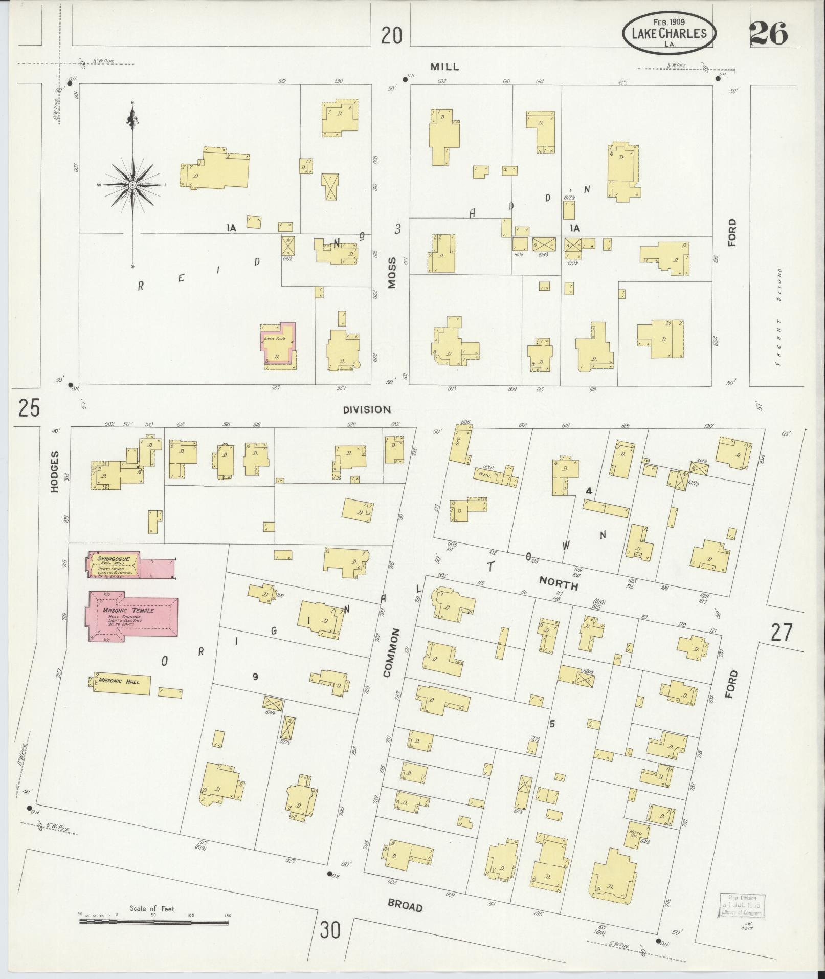 Sanborn Fire Insurance Map from Lake Charles, Calcasieu Parish, Louisiana (1909), Sheet #0026 - Historic Sanborn Fire Insurance Map Print, vintage old map wall art, antique decor, genealogy gift, Louisiana Louisiana map