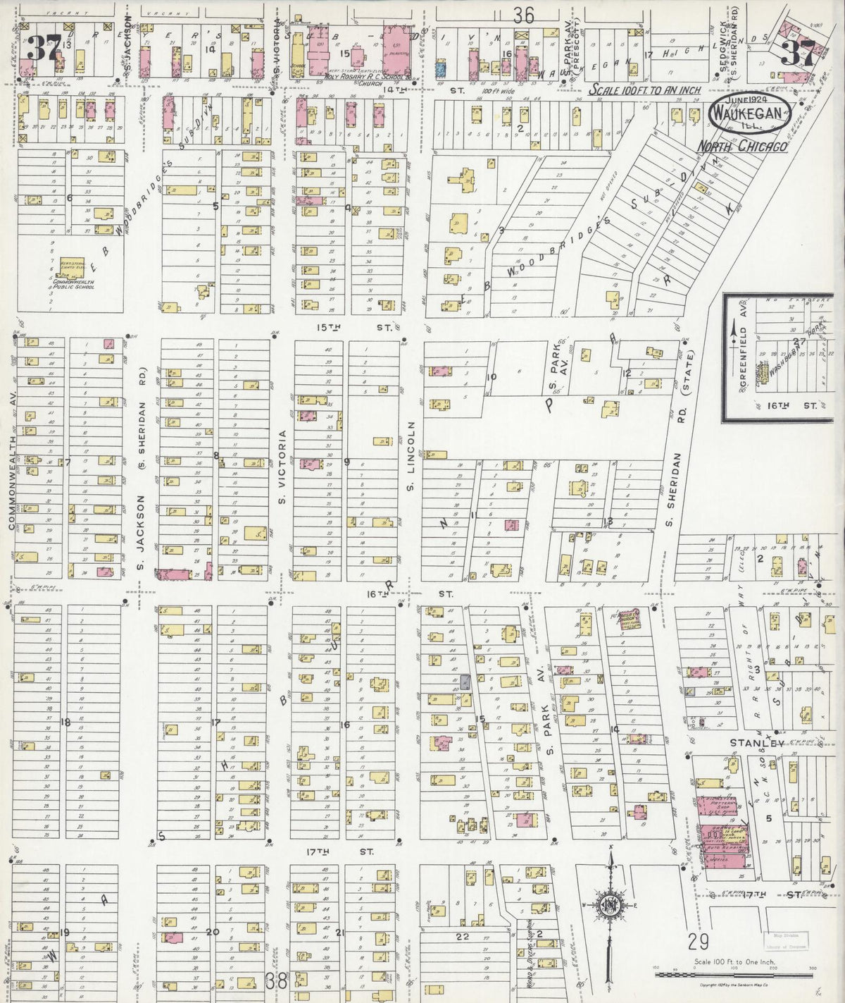 Sanborn Fire Insurance Map from Waukegan, Lake County, Illinois (1924), Sheet #0037 - Complete Map Set gallery image, historic Sanborn map, vintage wall art, Illinois Illinois