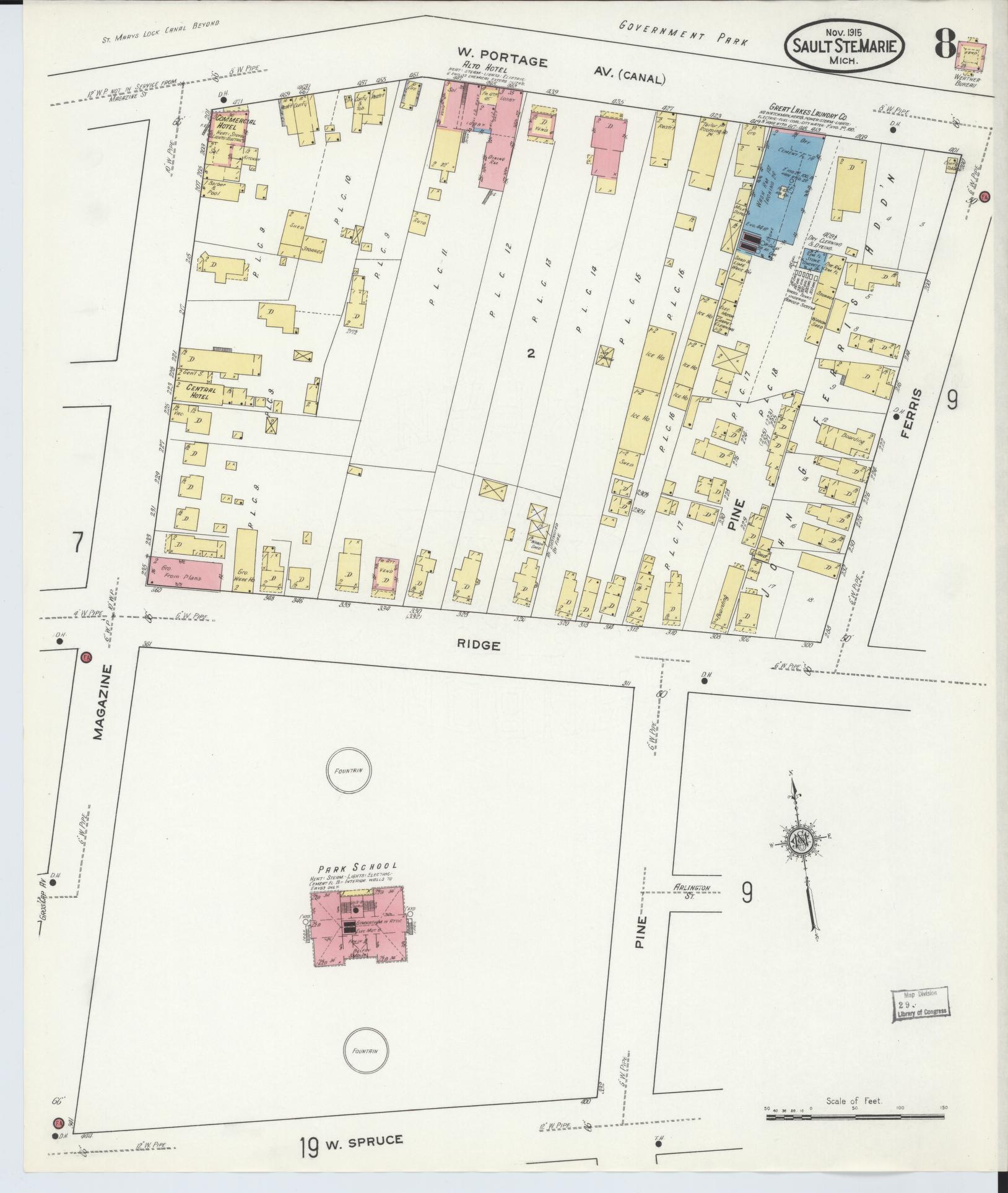 Sanborn Fire Insurance Map from Sault Sainte Marie, Chippewa County, Michigan (1915), Sheet #0008 - Historic Sanborn Fire Insurance Map Print, vintage old map wall art, antique decor, genealogy gift, Michigan Michigan map