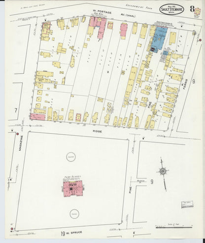 Sanborn Fire Insurance Map from Sault Sainte Marie, Chippewa County, Michigan (1915), Sheet #0008 - Historic Sanborn Fire Insurance Map Print, vintage old map wall art, antique decor, genealogy gift, Michigan Michigan map