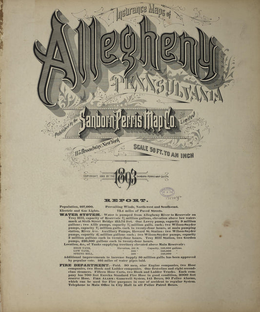 Sanborn Fire Insurance Map from Allegheny, Allegheny County, Pennsylvania (1893), Sheet #0001 - Historic Sanborn Fire Insurance Map Print, vintage old map wall art, antique decor, genealogy gift, Pennsylvania Pennsylvania map