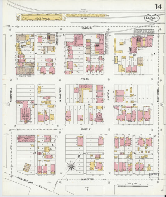 Sanborn Fire Insurance Map from El Paso, El Paso County, Texas (1900), Sheet #0014 - Historic Sanborn Fire Insurance Map Print, vintage old map wall art, antique decor, genealogy gift, Texas Texas map