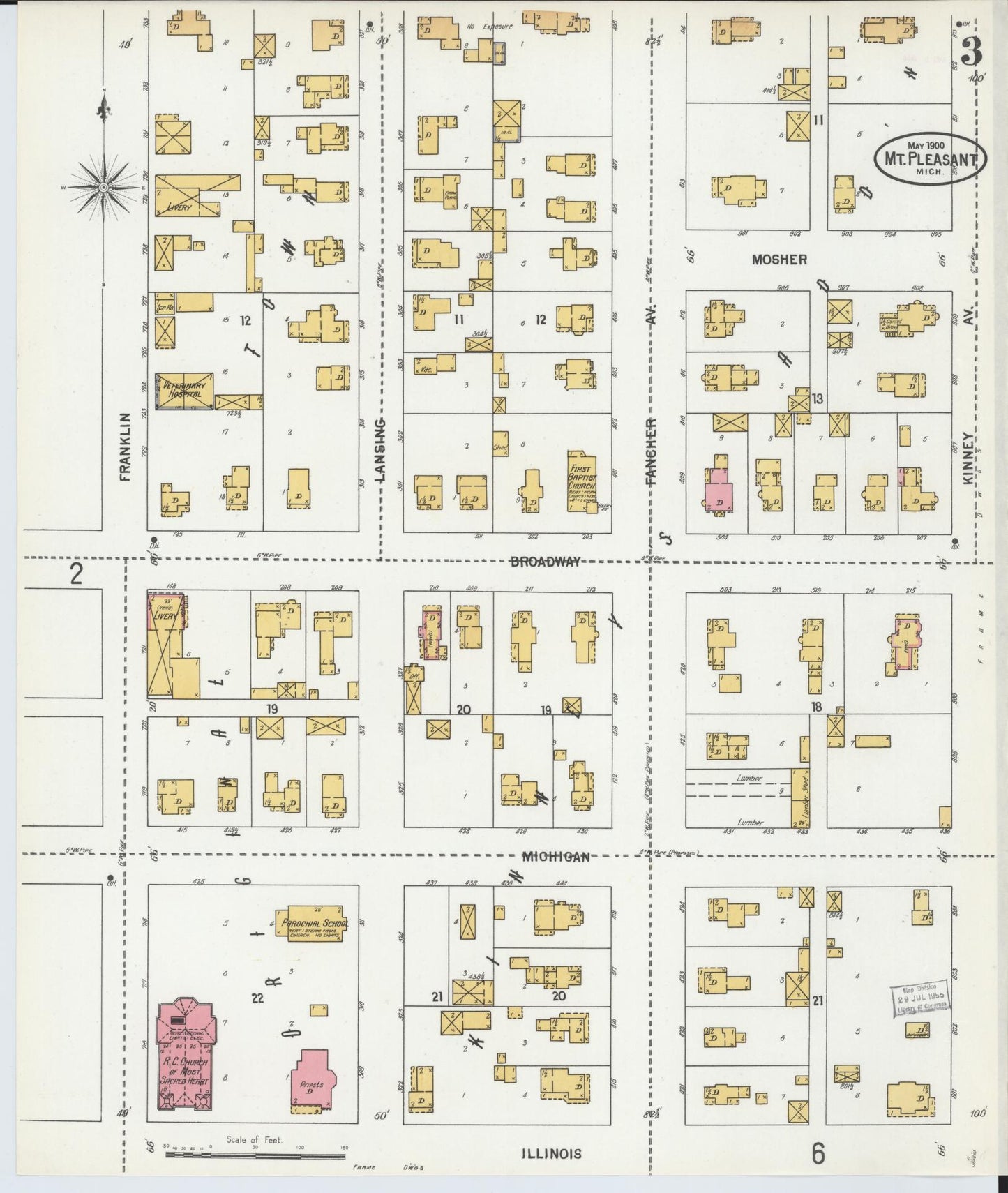 Sanborn Fire Insurance Map from Mount Pleasant, Isabella County, Michigan (1900), Sheet #0003 - Complete Map Set gallery image, historic Sanborn map, vintage wall art, Michigan Michigan