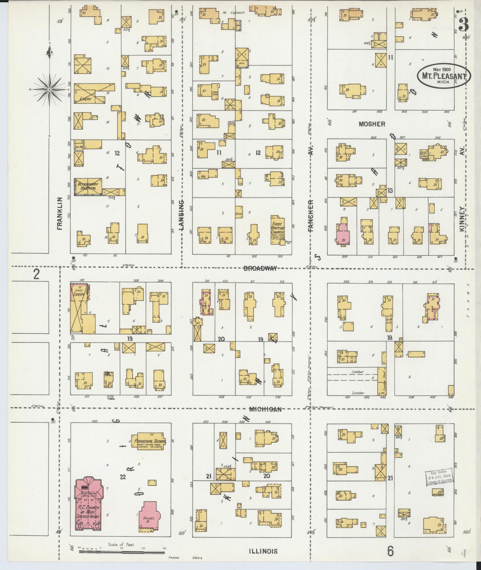 Sanborn Fire Insurance Map from Mount Pleasant, Isabella County, Michigan (1900), Sheet #0003 - Complete Map Set gallery image, historic Sanborn map, vintage wall art, Michigan Michigan