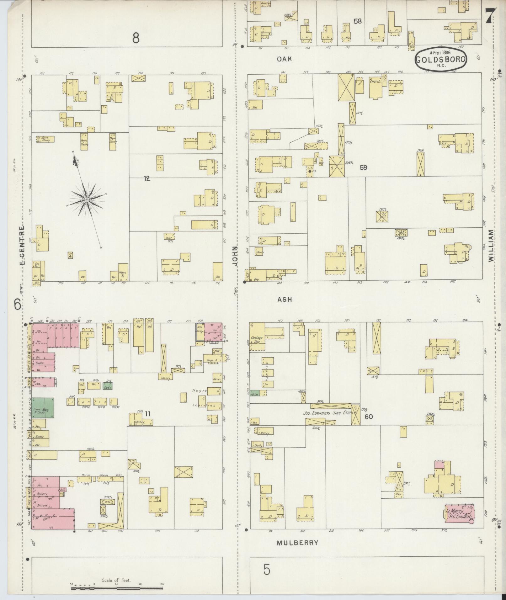 Sanborn Fire Insurance Map from Goldsboro, Wayne County, North Carolina (1896), Sheet #0007 - Complete Map Set gallery image, historic Sanborn map, vintage wall art, North Carolina North Carolina