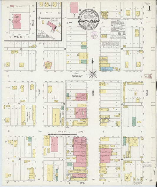 Sanborn Fire Insurance Map from Broken Arrow, Tulsa County, Oklahoma (1907), Sheet #0001 - Historic Sanborn Fire Insurance Map Print, vintage old map wall art, antique decor, genealogy gift, Oklahoma Oklahoma map