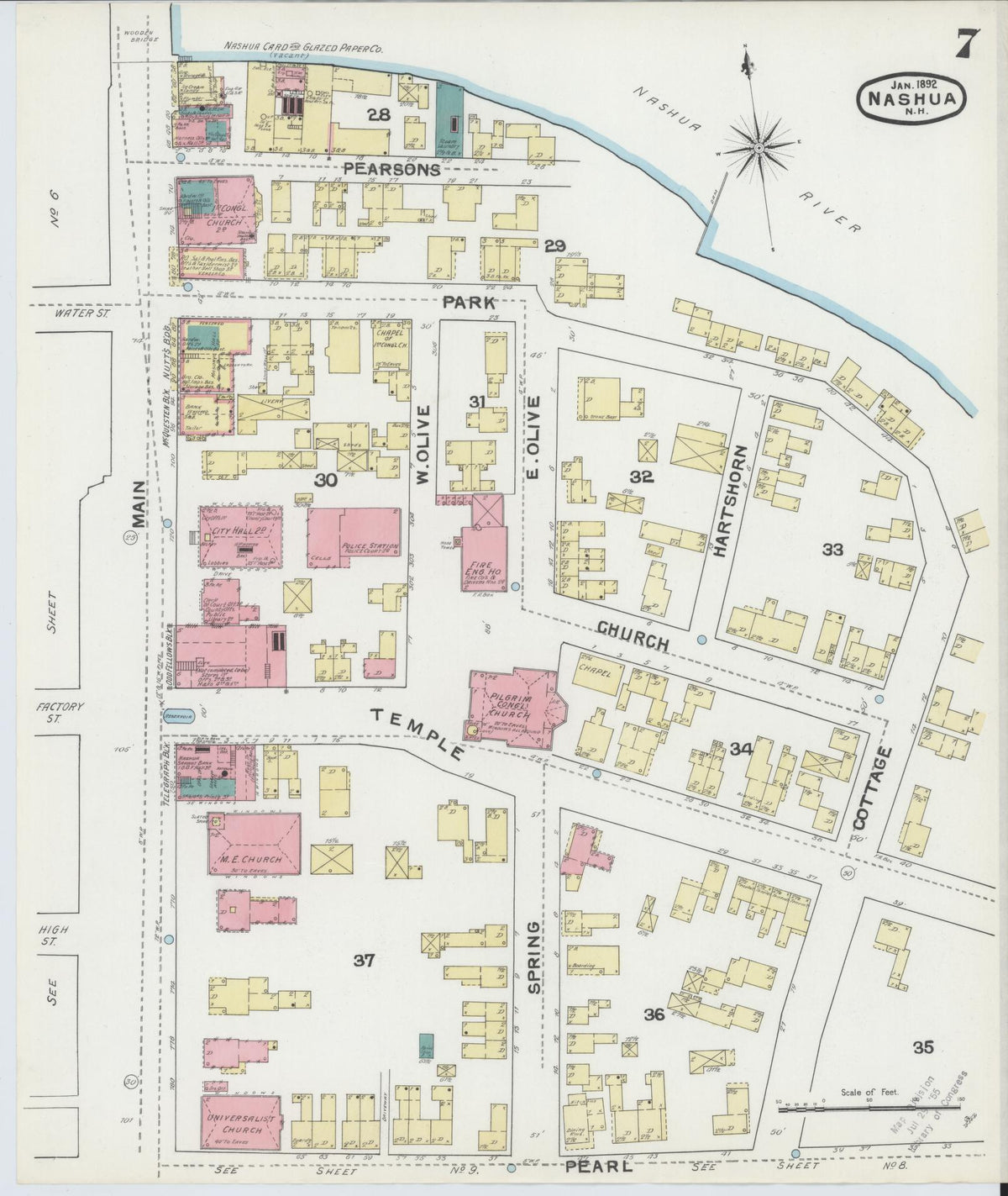 Sanborn Fire Insurance Map from Nashua, Hillsborough County, New Hampshire (1892), Sheet #0007 - Historic Sanborn Fire Insurance Map Print, vintage old map wall art, antique decor, genealogy gift, New Hampshire New Hampshire map