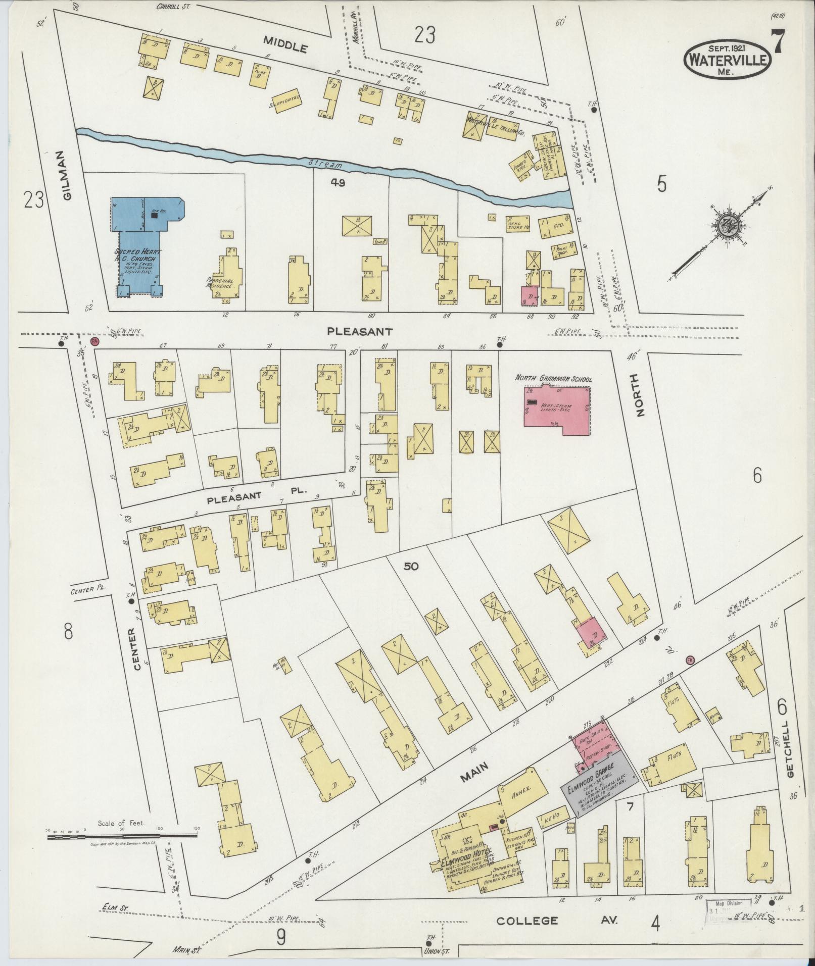 Sanborn Fire Insurance Map from Waterville, Kennebec County, Maine (1921), Sheet #0007 - Historic Sanborn Fire Insurance Map Print, vintage old map wall art, antique decor, genealogy gift, Maine Maine map