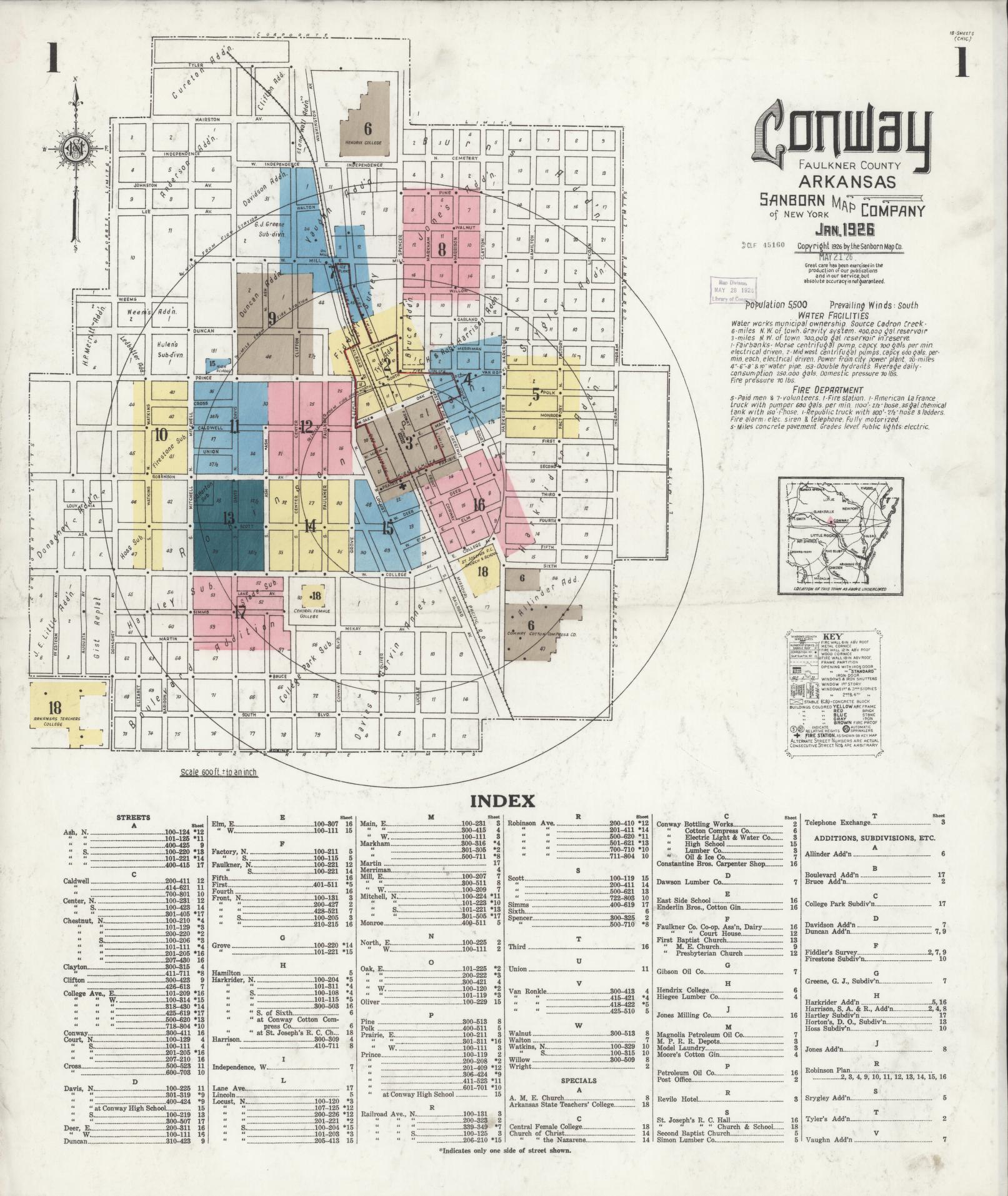 Sanborn Fire Insurance Map from Conway, Faulkner County, Arkansas (1926), Sheet #0001 - Complete Map Set gallery image, historic Sanborn map, vintage wall art, Arkansas Arkansas