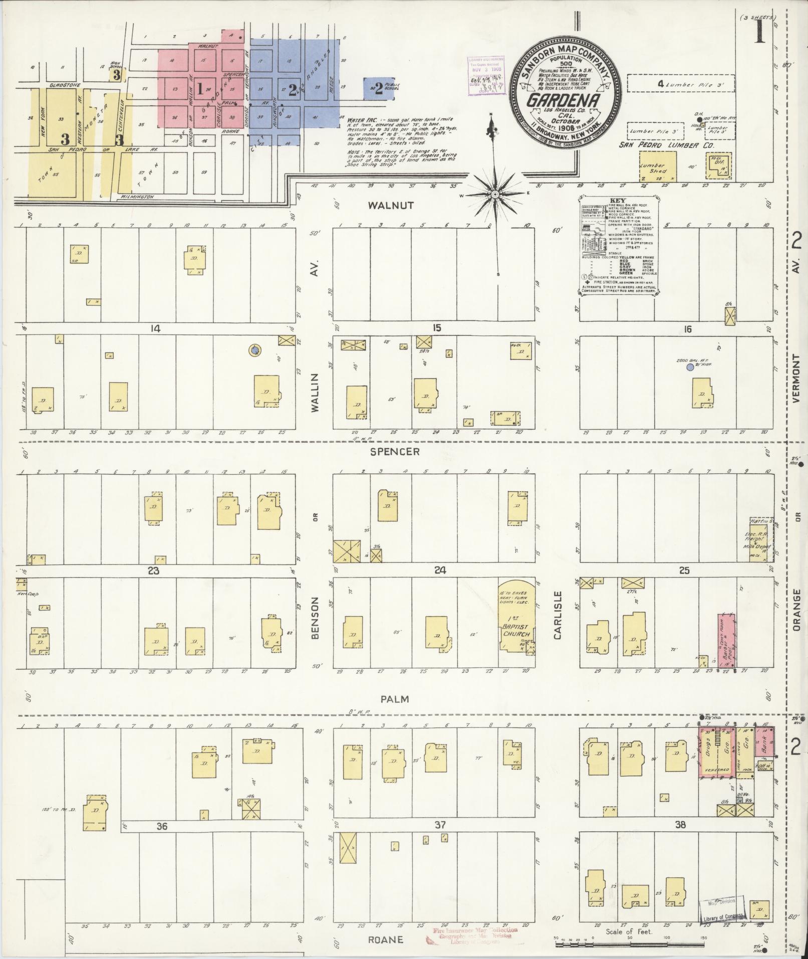 Sanborn Fire Insurance Map from Gardena, Los Angeles County, California (1908), Sheet #0001 - Historic Sanborn Fire Insurance Map Print, vintage old map wall art, antique decor, genealogy gift, California California map
