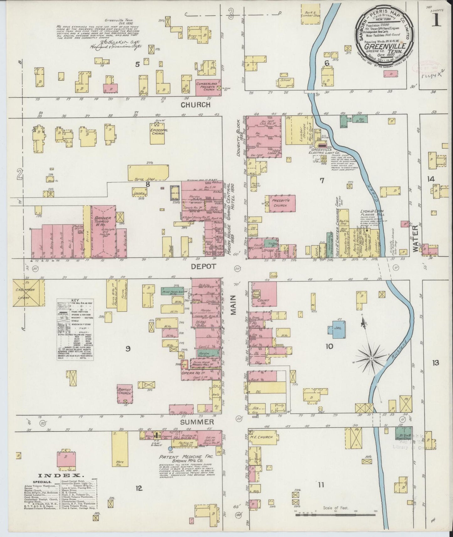 Sanborn Fire Insurance Map from Greeneville, Greene County, Tennessee (1892), Sheet #0001 - Complete Map Set gallery image, historic Sanborn map, vintage wall art, Tennessee Tennessee