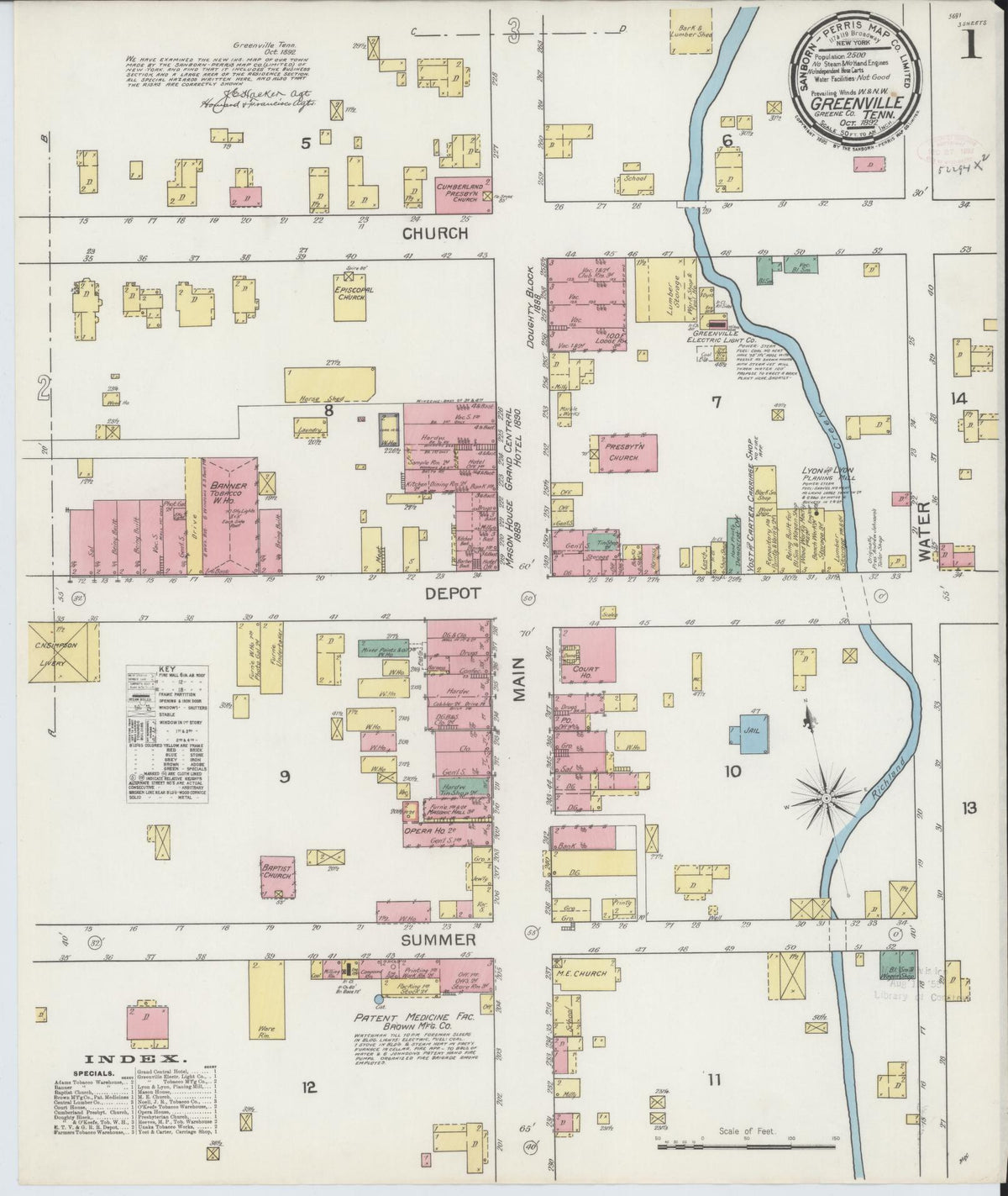 Sanborn Fire Insurance Map from Greeneville, Greene County, Tennessee (1892), Sheet #0001 - Complete Map Set gallery image, historic Sanborn map, vintage wall art, Tennessee Tennessee