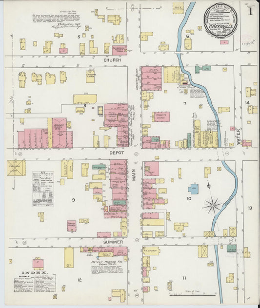 Sanborn Fire Insurance Map from Greeneville, Greene County, Tennessee (1892), Sheet #0001 - Complete Map Set gallery image, historic Sanborn map, vintage wall art, Tennessee Tennessee