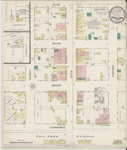 Sanborn Fire Insurance Map from Taylor, Williamson County, Texas (1885), Sheet #0001 - Historic Sanborn Fire Insurance Map Print, vintage old map wall art, antique decor, genealogy gift, Texas Texas map