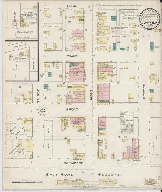 Sanborn Fire Insurance Map from Taylor, Williamson County, Texas (1885), Sheet #0001 - Historic Sanborn Fire Insurance Map Print, vintage old map wall art, antique decor, genealogy gift, Texas Texas map