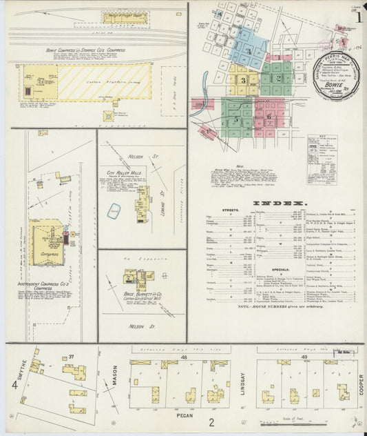 Sanborn Fire Insurance Map from Bowie, Montague County, Texas (1896), Sheet #0001 - Historic Sanborn Fire Insurance Map Print, vintage old map wall art, antique decor, genealogy gift, Texas Texas map