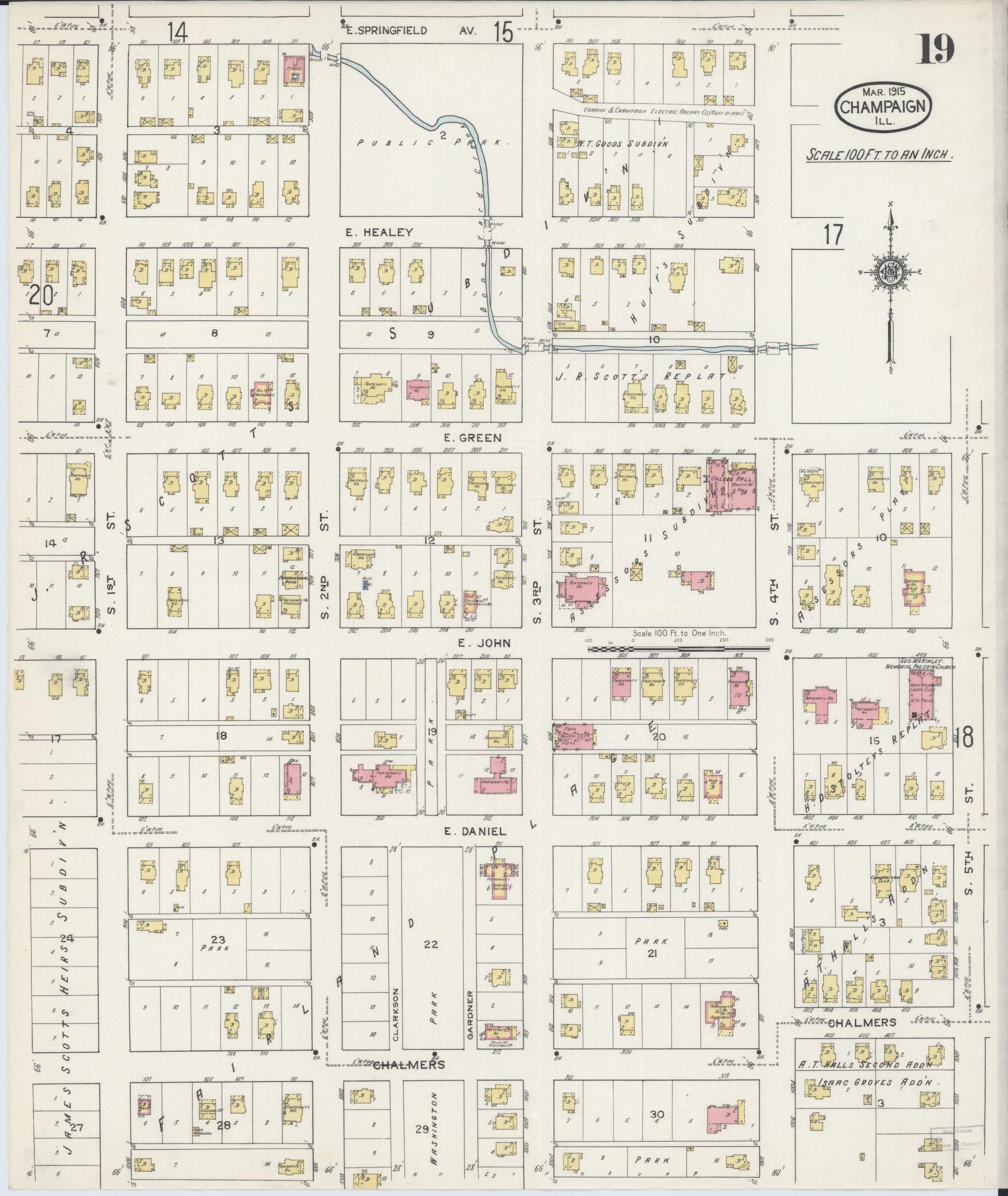 Sanborn Fire Insurance Map from Champaign, Champaign County, Illinois (1915), Sheet #0019 - Complete Map Set gallery image, historic Sanborn map, vintage wall art, Illinois Illinois