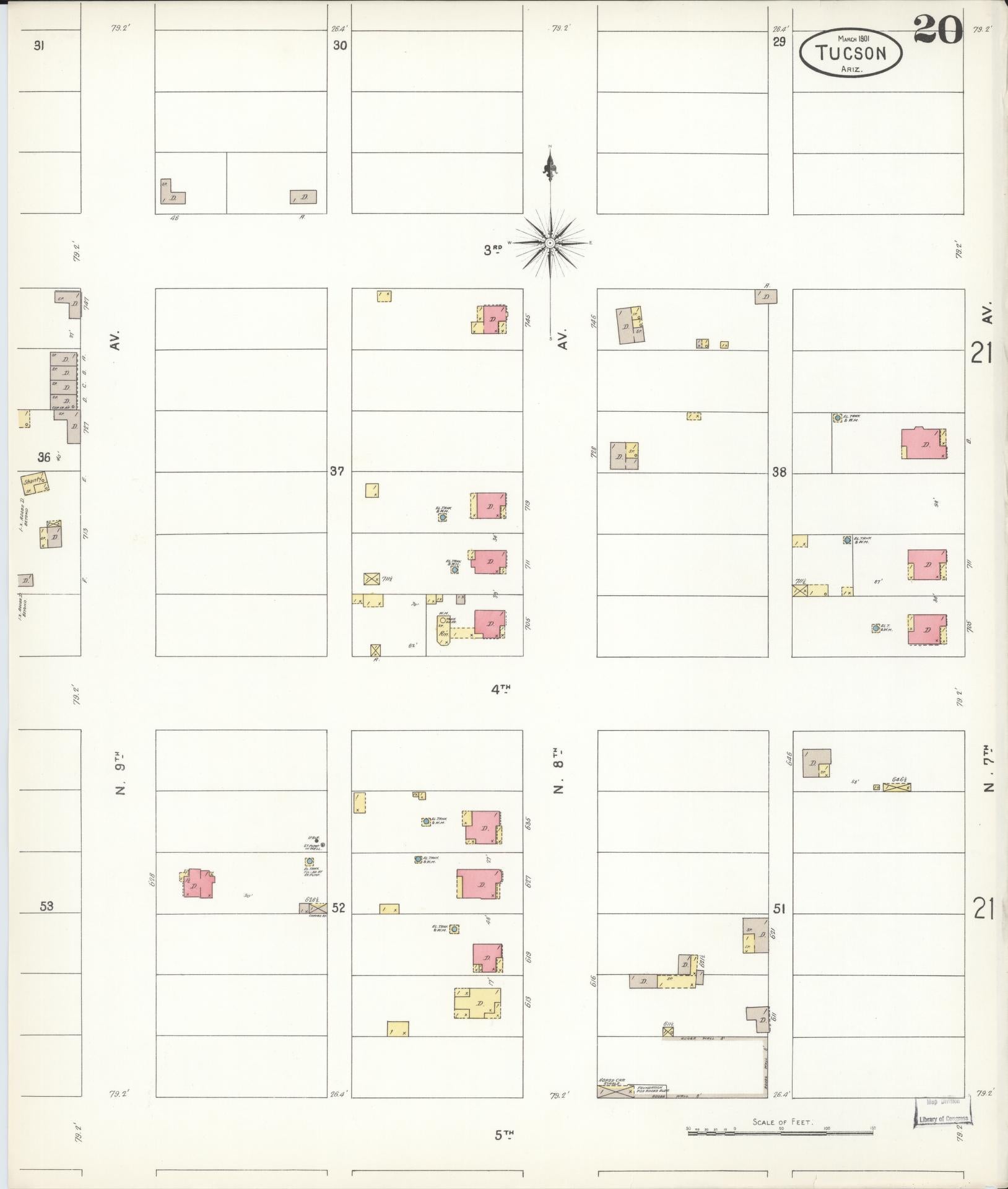 Sanborn Fire Insurance Map from Tucson, Pima County, Arizona (1901), Sheet #0020 - Historic Sanborn Fire Insurance Map Print, vintage old map wall art, antique decor, genealogy gift, Arizona Arizona map