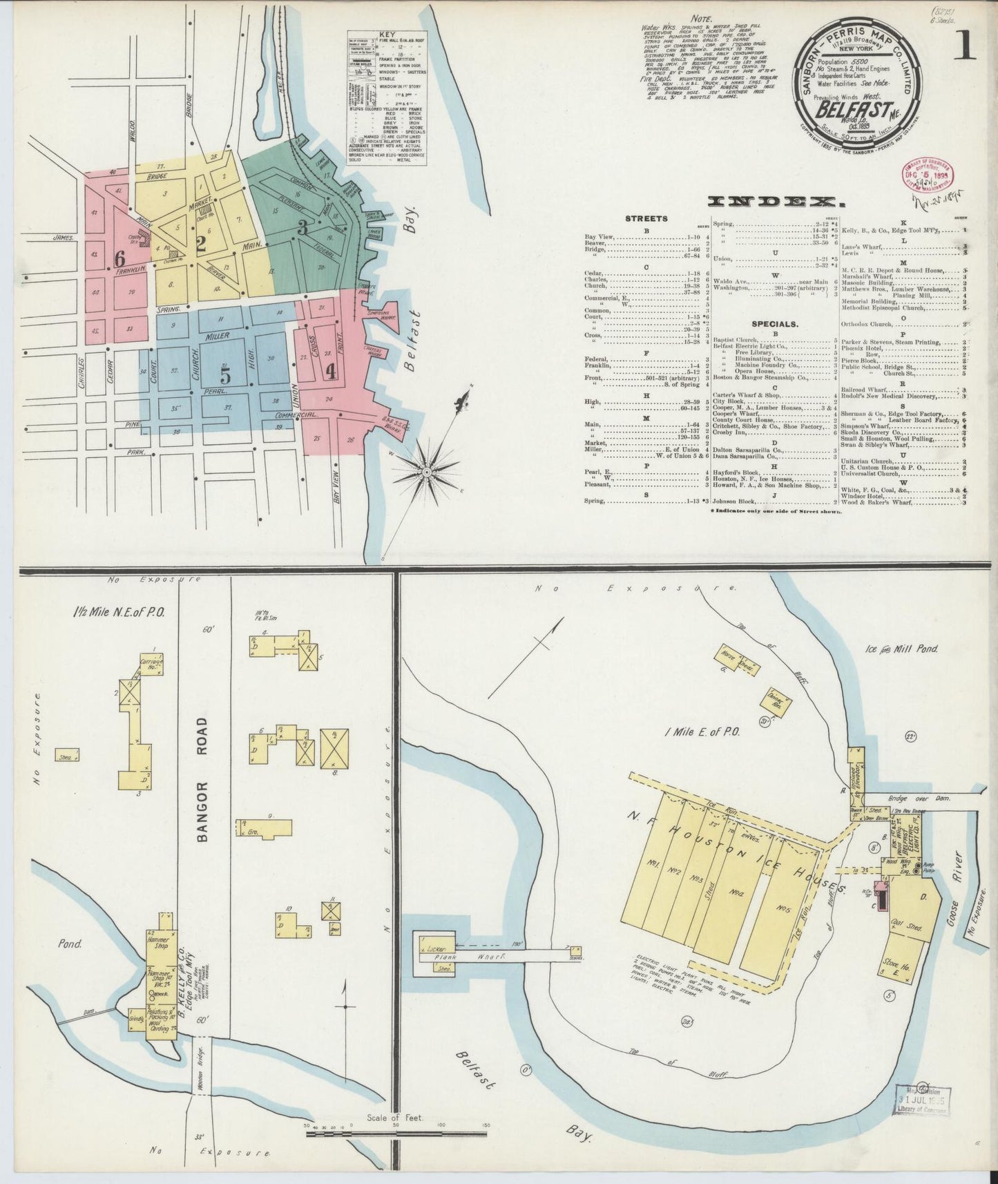Sanborn Fire Insurance Map from Belfast, Waldo County, Maine (1895), Sheet #0001 - Historic Sanborn Fire Insurance Map Print, vintage old map wall art, antique decor, genealogy gift, Maine Maine map