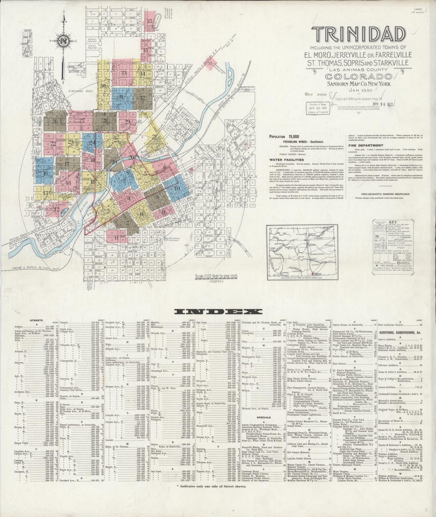 Sanborn Fire Insurance Map from Trinidad, Las Animas County, Colorado (1930), Sheet #0001 - Historic Sanborn Fire Insurance Map Print, vintage old map wall art, antique decor, genealogy gift, Colorado Colorado map