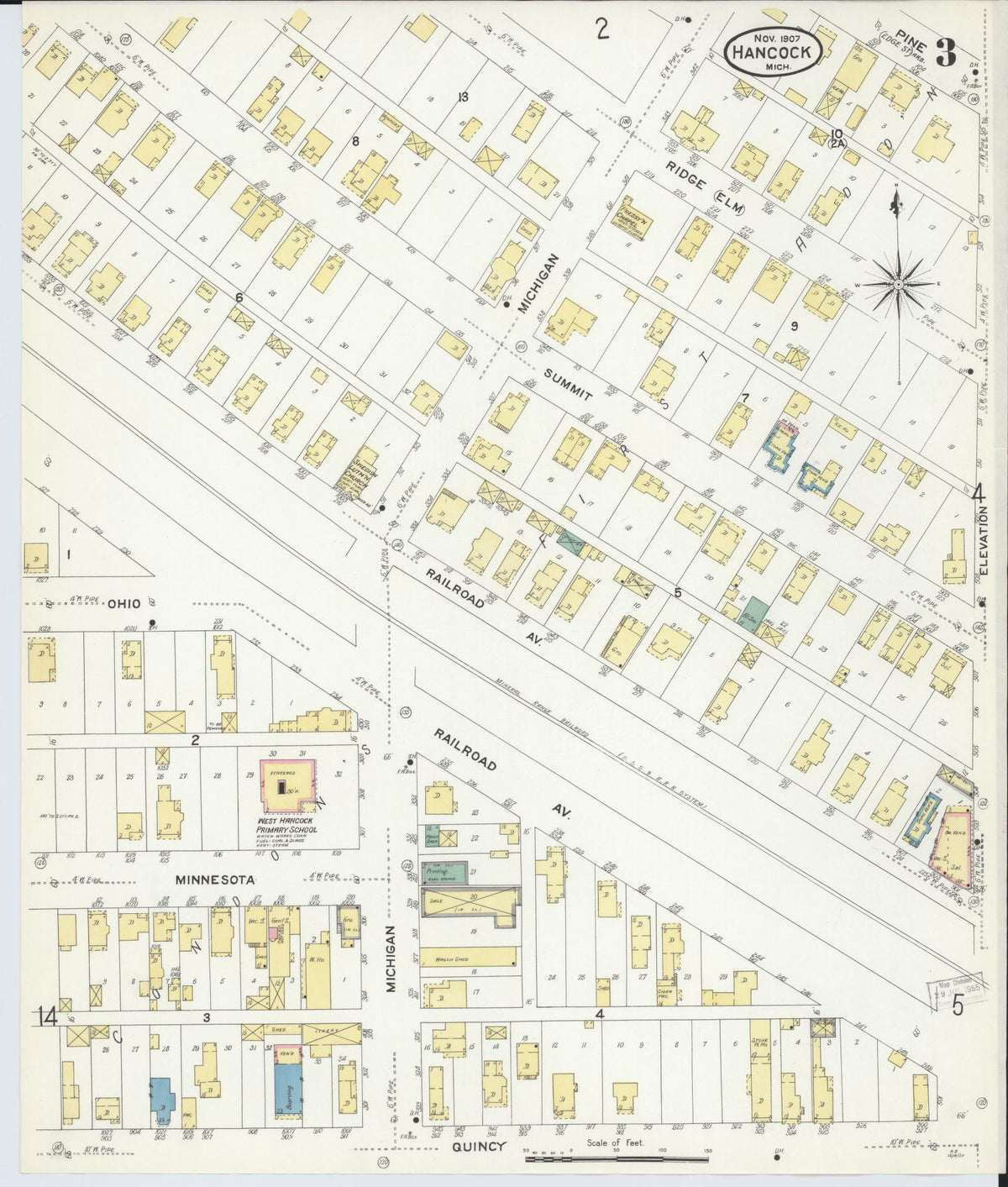 Sanborn Fire Insurance Map from Hancock, Houghton County, Michigan (1907), Sheet #0003 - Historic Sanborn Fire Insurance Map Print, vintage old map wall art, antique decor, genealogy gift, Michigan Michigan map