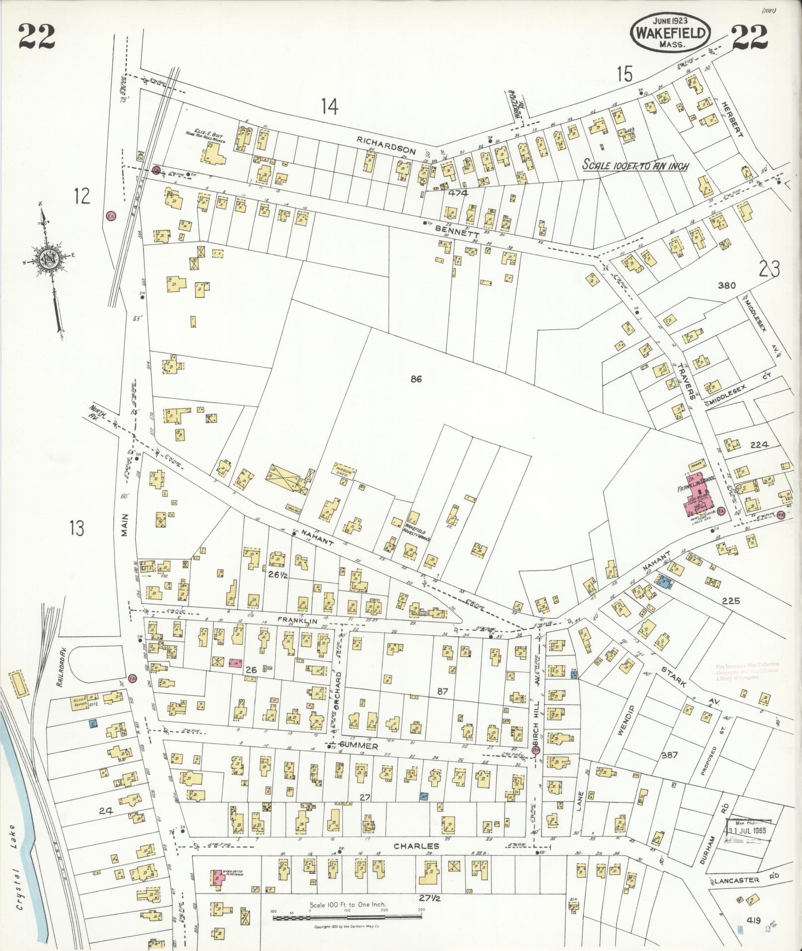 Sanborn Fire Insurance Map from Wakefield, Middlesex County, Massachusetts (1923), Sheet #0022 - Complete Map Set gallery image, historic Sanborn map, vintage wall art, Massachusetts Massachusetts