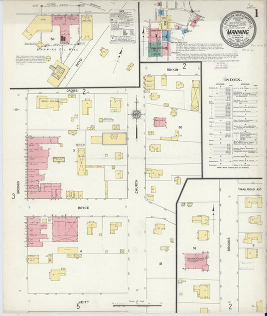 Sanborn Fire Insurance Map from Manning, Clarendon County, South Carolina (1912), Sheet #0001 - Historic Sanborn Fire Insurance Map Print, vintage old map wall art, antique decor, genealogy gift, South Carolina South Carolina map