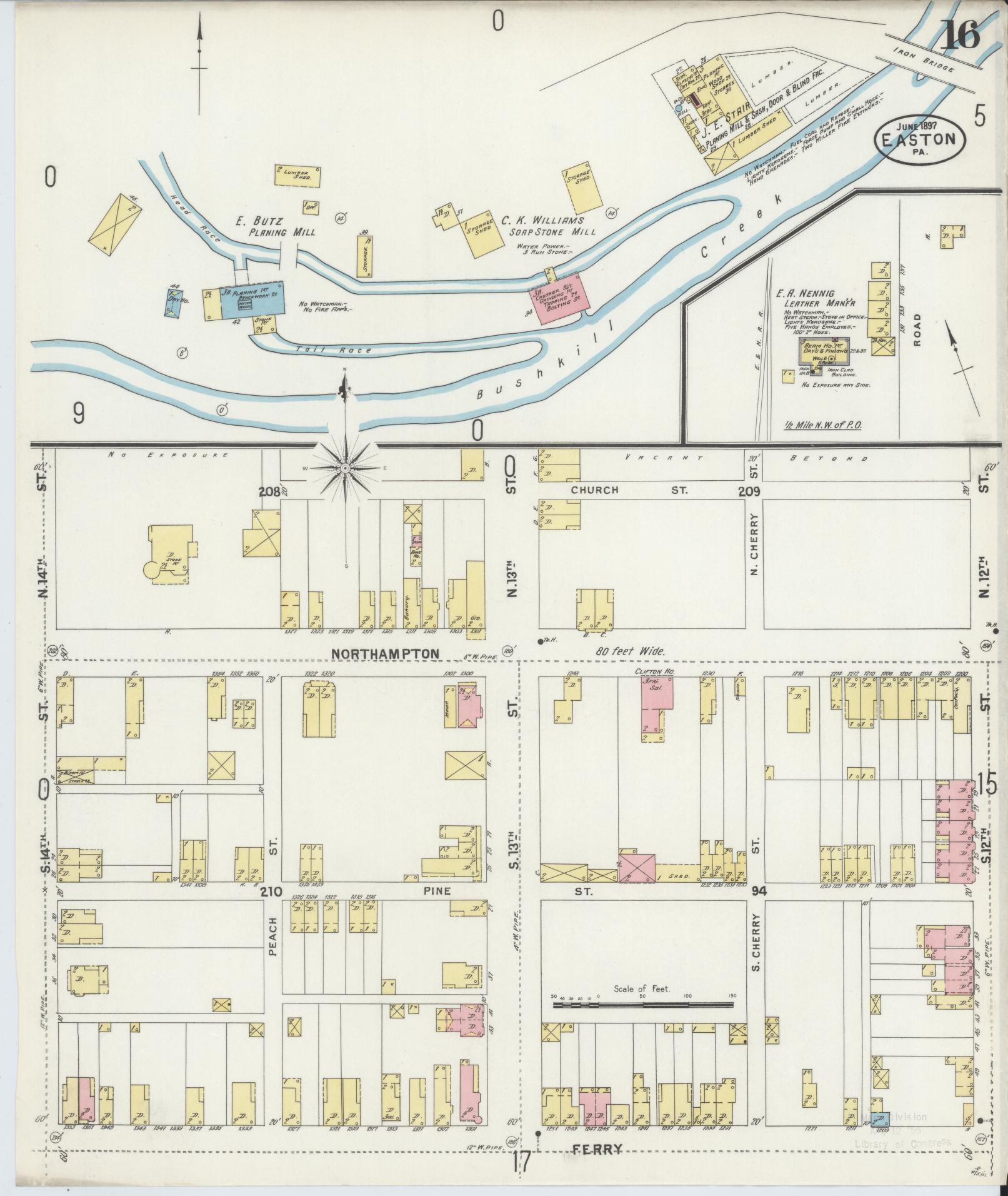 Sanborn Fire Insurance Map from Easton, Northampton County, Pennsylvania (1897), Sheet #0016 - Historic Sanborn Fire Insurance Map Print, vintage old map wall art, antique decor, genealogy gift, Pennsylvania Pennsylvania map