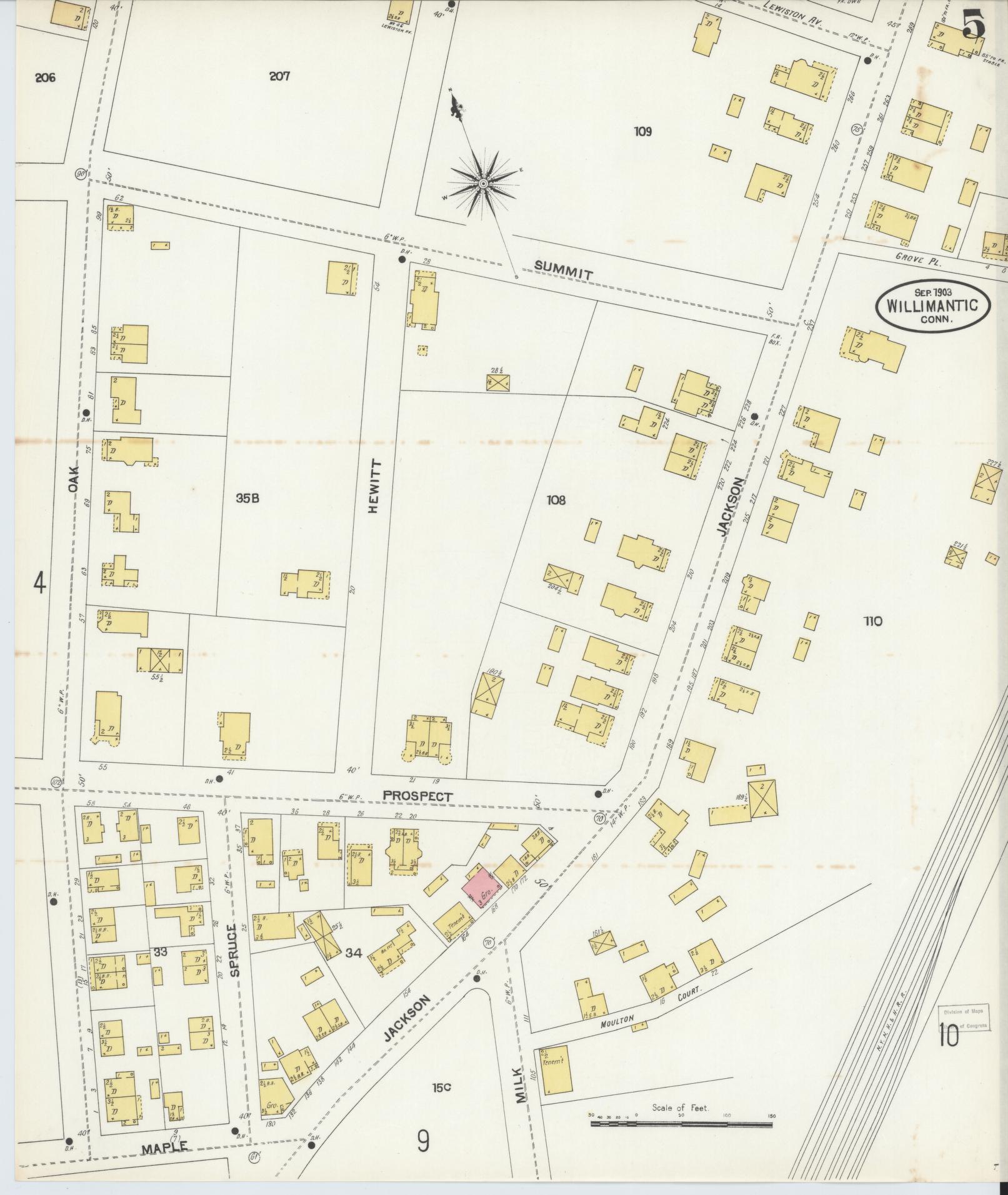 Sanborn Fire Insurance Map from Willimantic, Windham County, Connecticut (1903), Sheet #0005 - Historic Sanborn Fire Insurance Map Print, vintage old map wall art, antique decor, genealogy gift, Connecticut Connecticut map