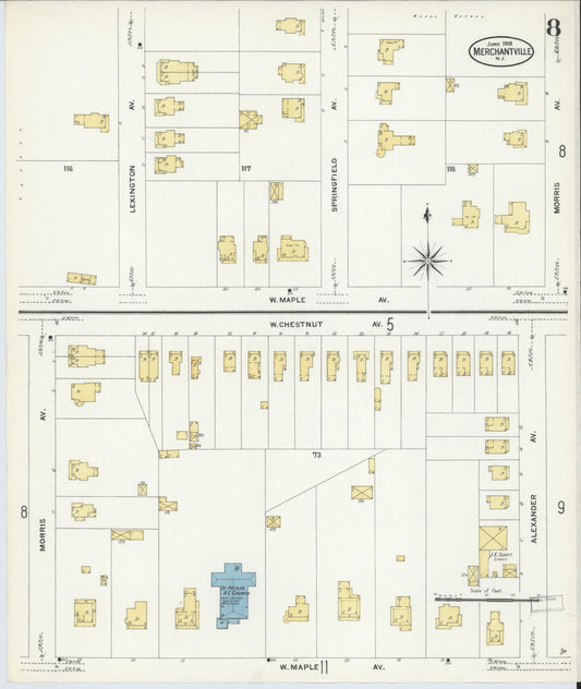 Sanborn Fire Insurance Map from Merchantville, Camden County, New Jersey (1908), Sheet #0008 - Historic Sanborn Fire Insurance Map Print, vintage old map wall art, antique decor, genealogy gift, New Jersey New Jersey map