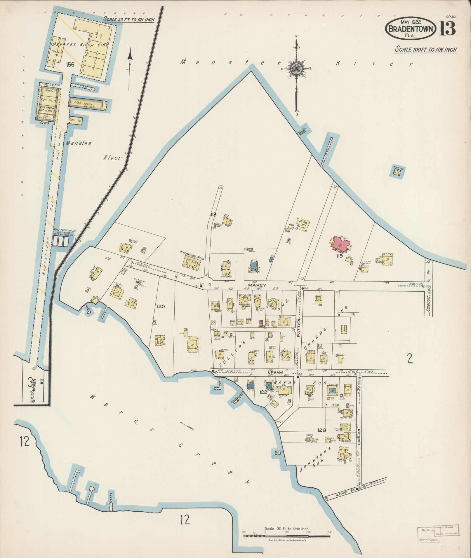 Sanborn Fire Insurance Map from Bradentown, Manatee County, Florida (1922), Sheet #0013 - Complete Map Set gallery image, historic Sanborn map, vintage wall art, Florida Florida
