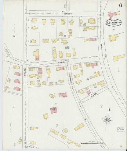 Sanborn Fire Insurance Map from Northampton, Hampshire County, Massachusetts (1895), Sheet #0006 - Historic Sanborn Fire Insurance Map Print, vintage old map wall art, antique decor, genealogy gift, Massachusetts Massachusetts map