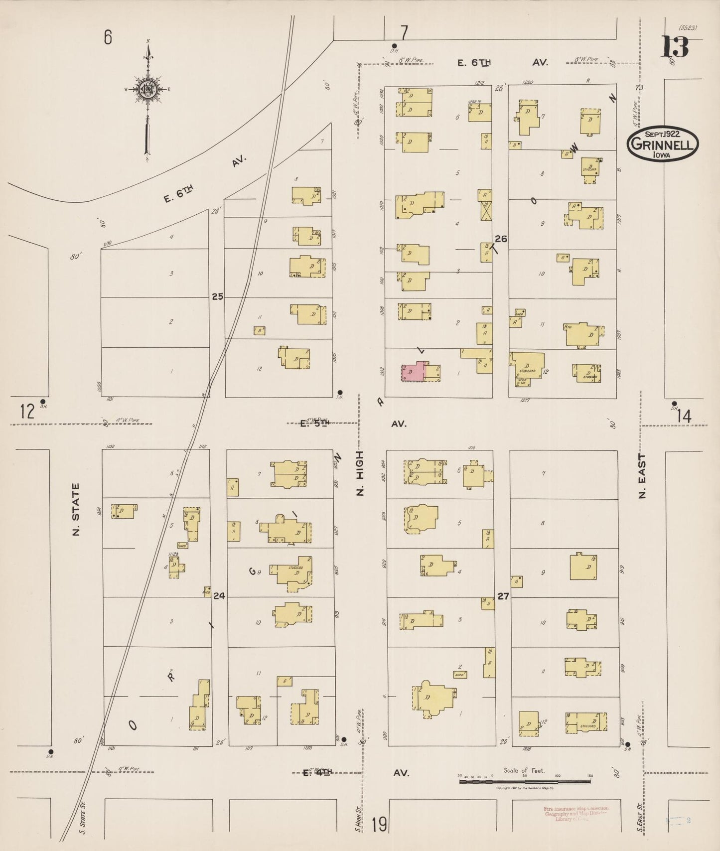 Sanborn Fire Insurance Map from Grinnell, Poweshiek County, Iowa (1922), Sheet #0013 - Historic Sanborn Fire Insurance Map Print, vintage old map wall art